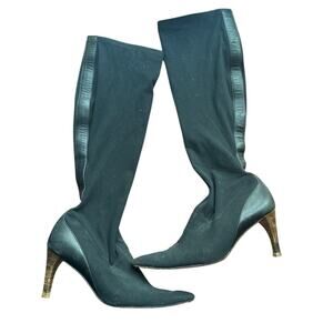 Gucci Neoprene Leather Trim Knee High Pointed Toe Heeled Boots Black 6.5 Women’s
